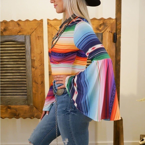 Lucky & Blessed (L&B) Serape Print Crop Top with Bell Sleeve - Picture 2 of 3